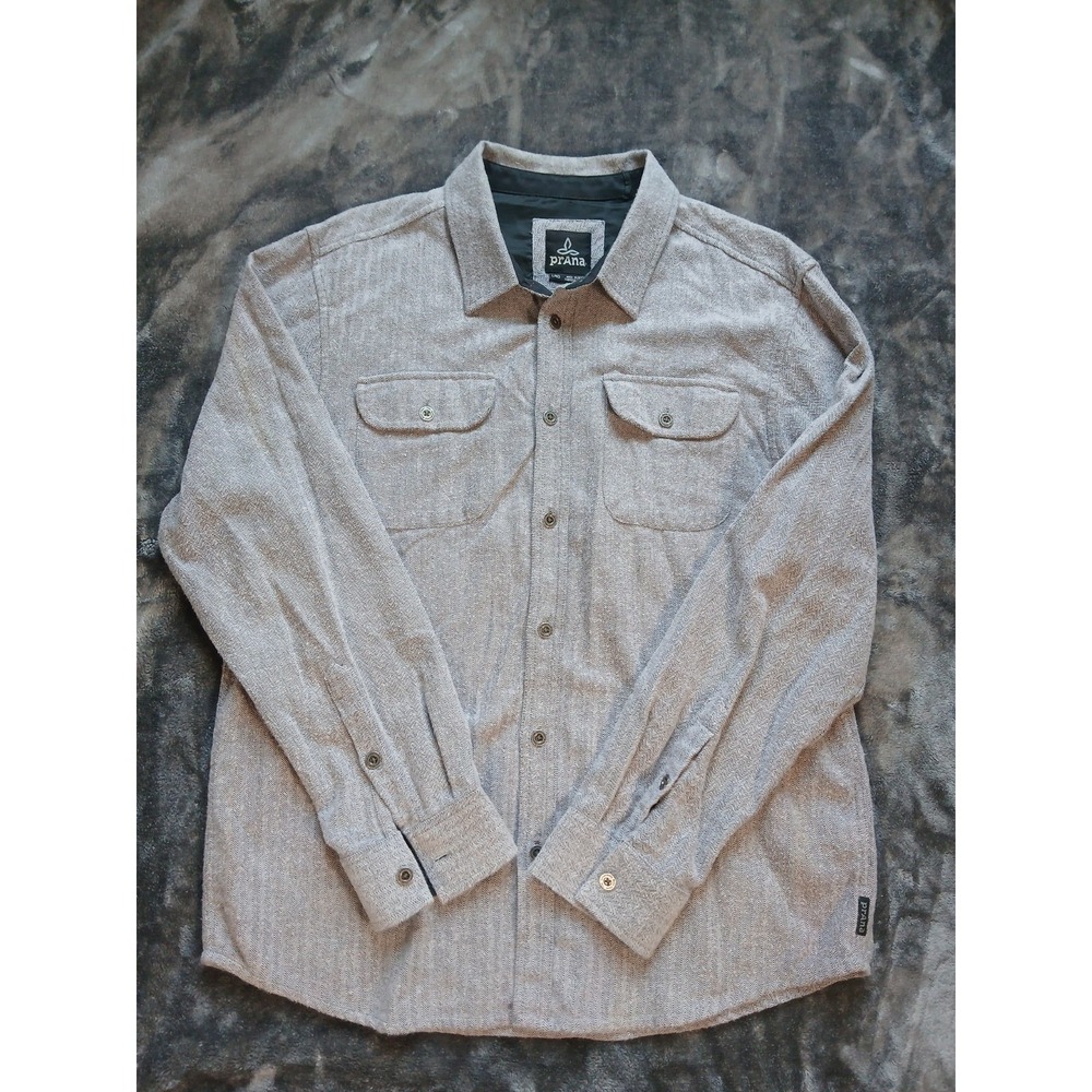 Prana Mens Gray Umber Lybeck Flannel Button Up Long Sleeve Shirt SIZE LARGE - Picture 2 of 12